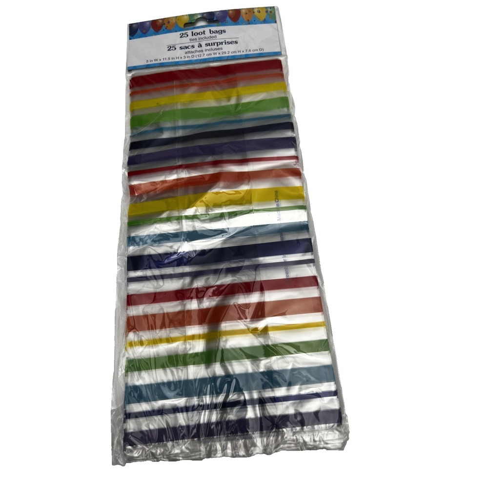 Multi Color  Striped CELLO PARTY LOOT BAGS 25 Count TREAT BAGS‎ with Ties NEW